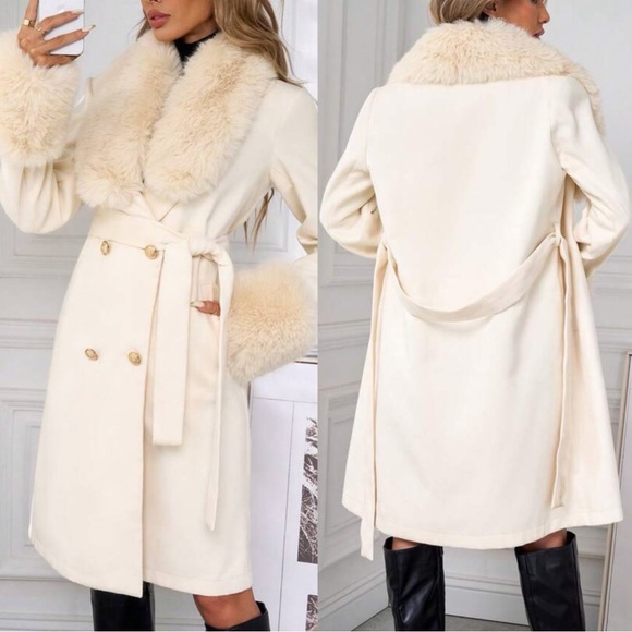Classic Vegan Fur double breasted Knee Length Coat jacket - Picture 6 of 8